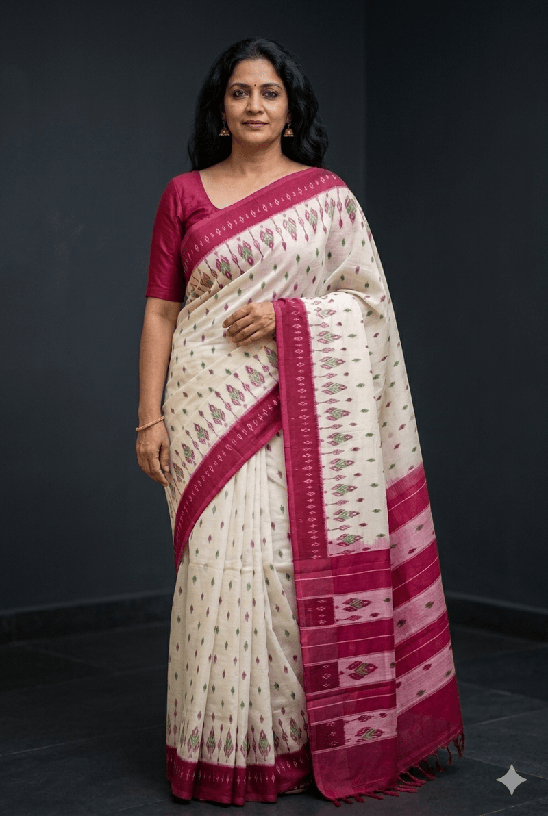 White Handloom Pochampally Ikkat Mercerized Cotton Saree - Kleemkaara
