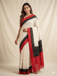 White Handloom Pochampally Ikkat Mercerized Cotton Saree with 2 tone Motifs - Kleemkaara