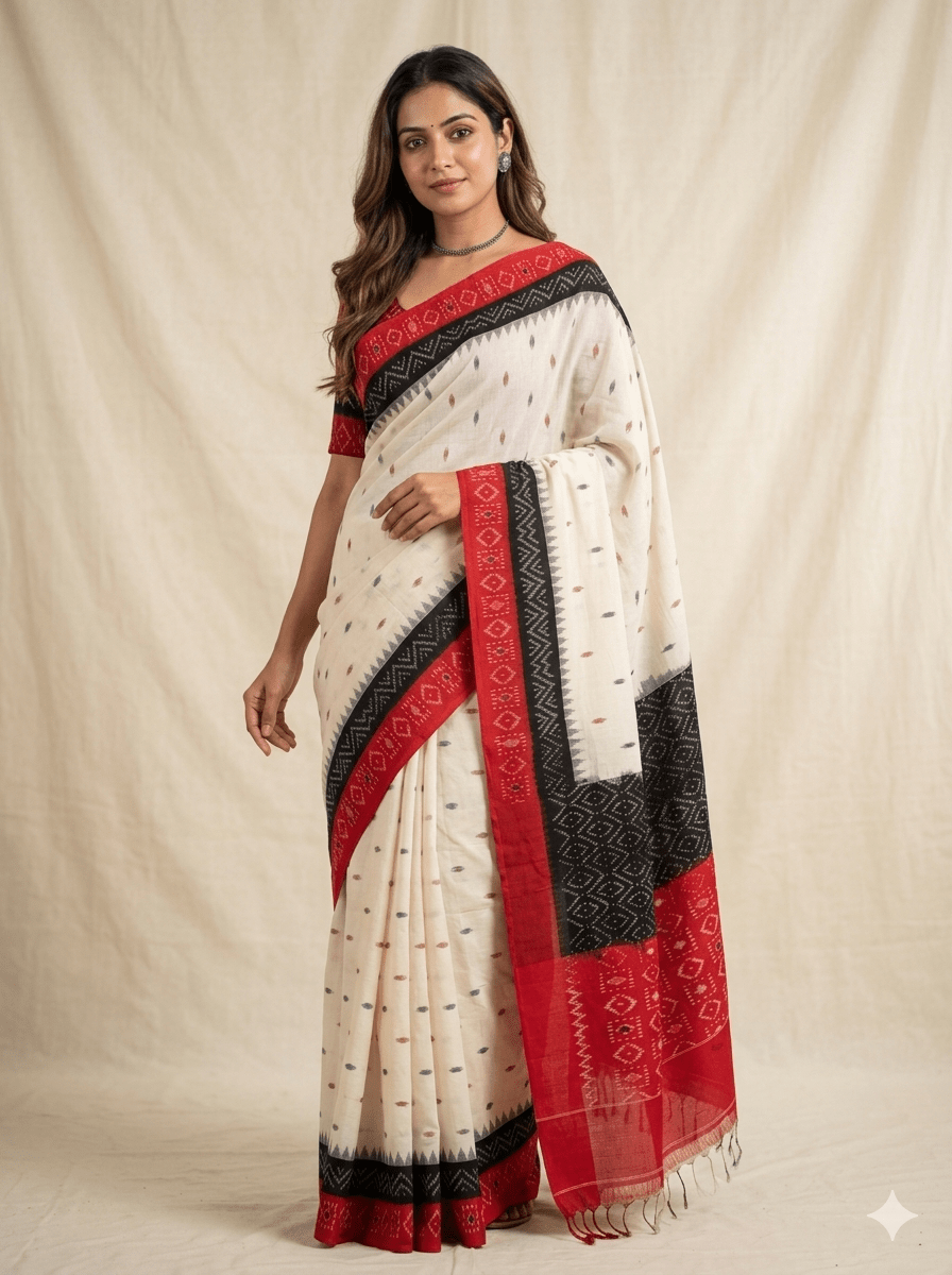 White Handloom Pochampally Ikkat Mercerized Cotton Saree with 2 tone Motifs - Kleemkaara