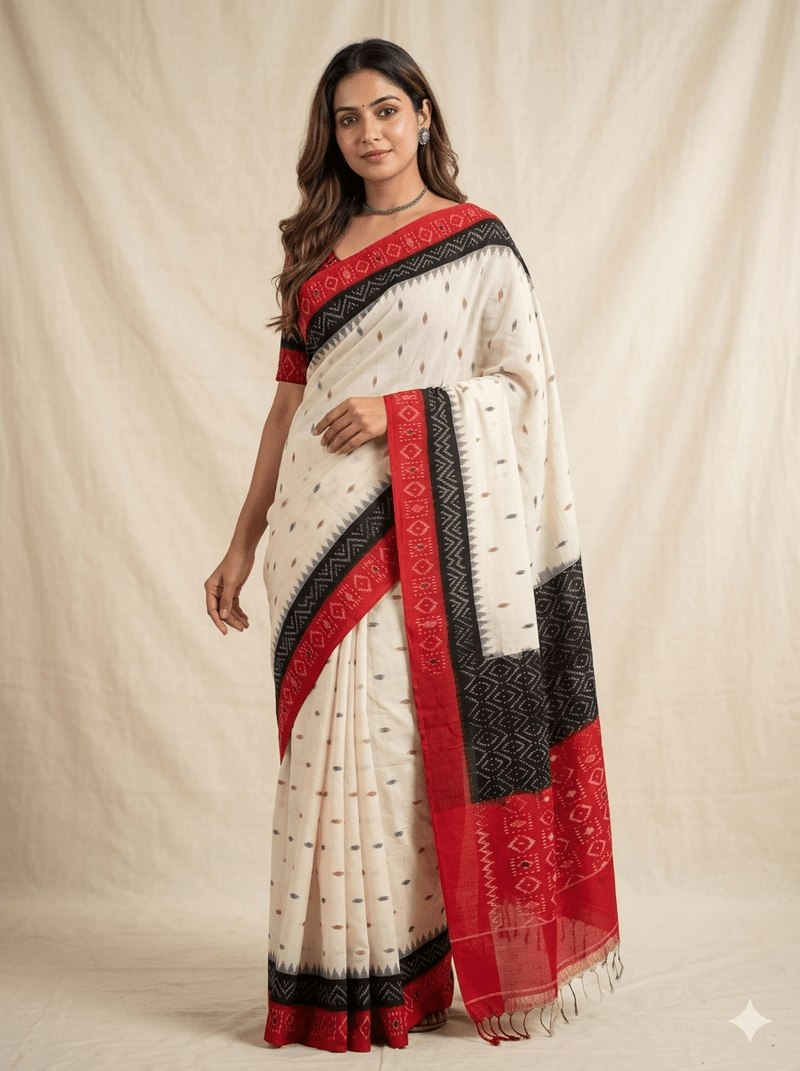 White Handloom Pochampally Ikkat Mercerized Cotton Saree with 2 tone Motifs - Kleemkaara