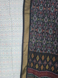 White Pochampally Handloom Ikat Silk Cotton (Sico) Dress Material with Black Dupatta - Kleemkaara