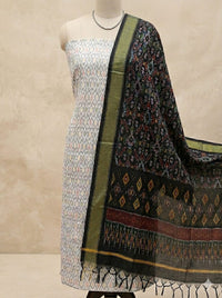 White Pochampally Handloom Ikat Silk Cotton (Sico) Dress Material with Black Dupatta - Kleemkaara