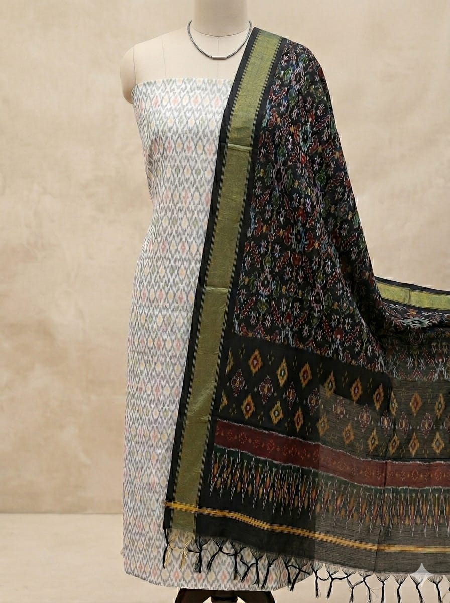 White Pochampally Handloom Ikat Silk Cotton (Sico) Dress Material with Black Dupatta - Kleemkaara
