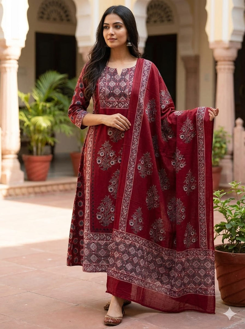 Wine Red Ajrakh Handblock Printed Pure Cotton 2-Piece Dress Material - Kleemkaara