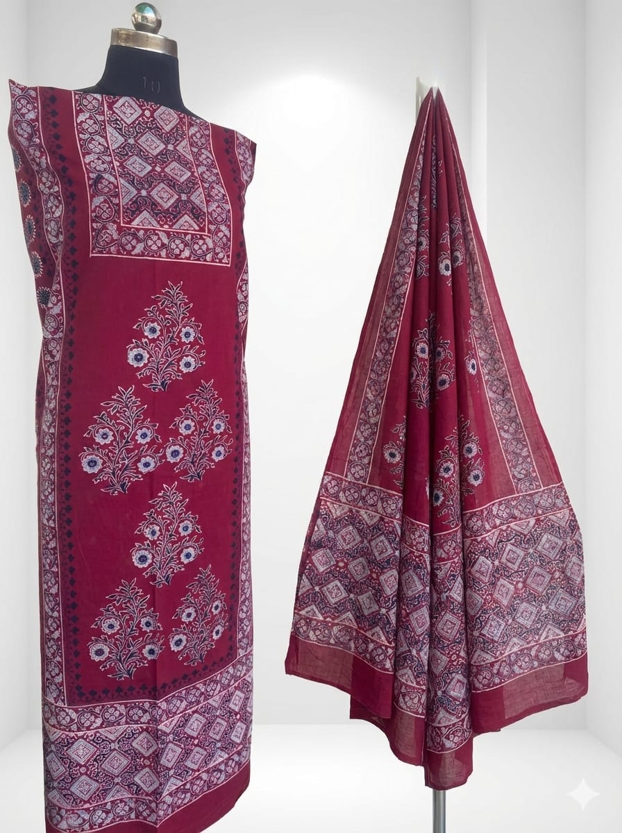 Wine Red Ajrakh Handblock Printed Pure Cotton 2-Piece Dress Material - Kleemkaara