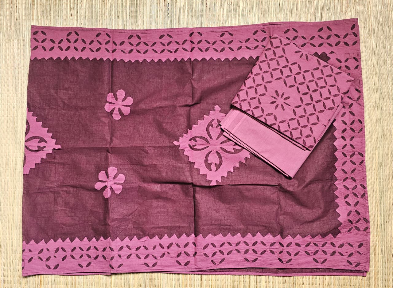 Wine Red Barmer Appliqué Cut Work Cotton 3 Piece Suit Material - Kleemkaara