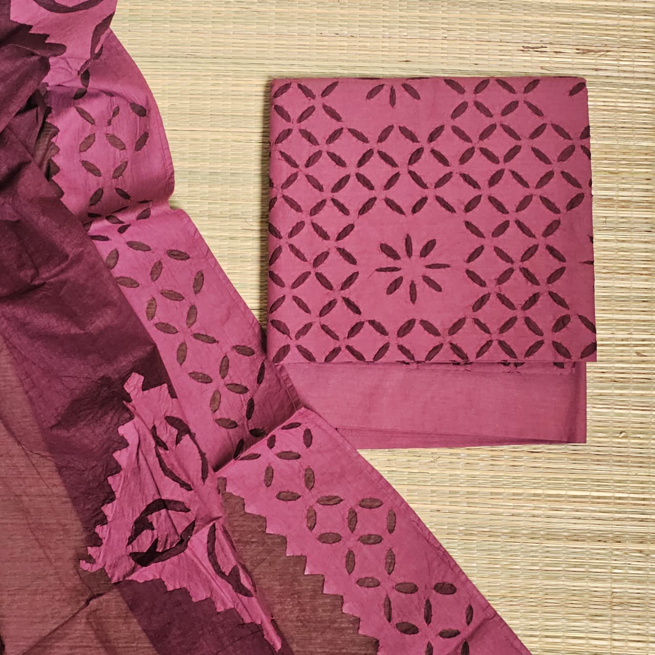 Wine Red Barmer Appliqué Cut Work Cotton 3 Piece Suit Material - Kleemkaara