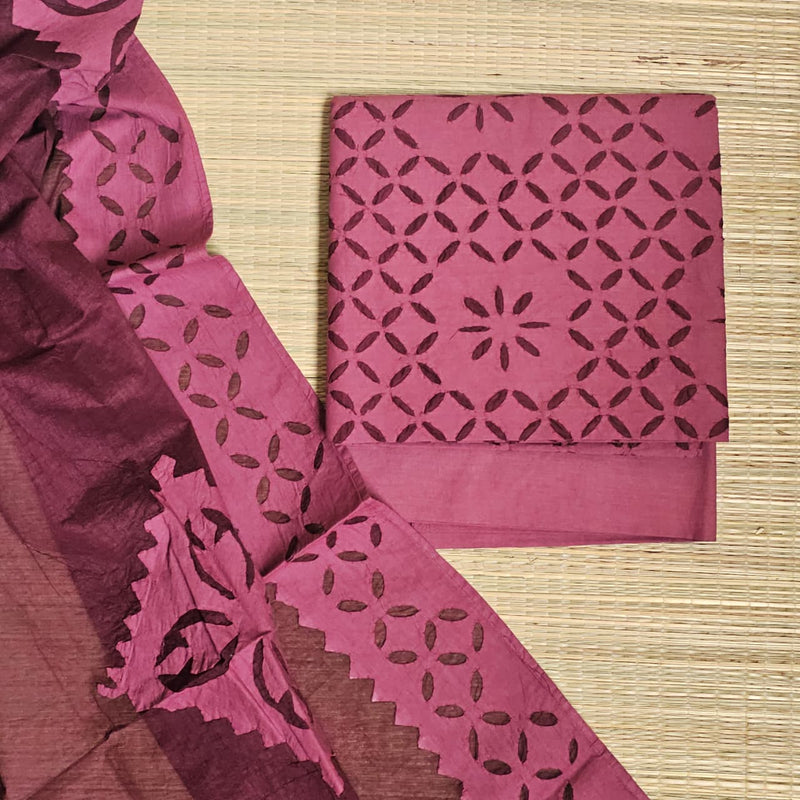 Wine Red Barmer Appliqué Cut Work Cotton 3 Piece Suit Material - Kleemkaara