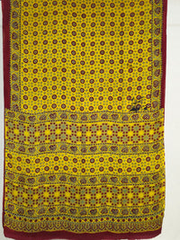 Yellow and Maroon Ajrakh Handblock Printed Modal Silk Saree - Kleemkaara