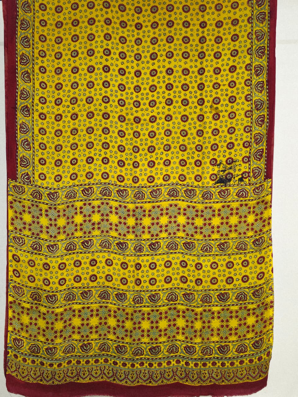 Yellow and Maroon Ajrakh Handblock Printed Modal Silk Saree - Kleemkaara