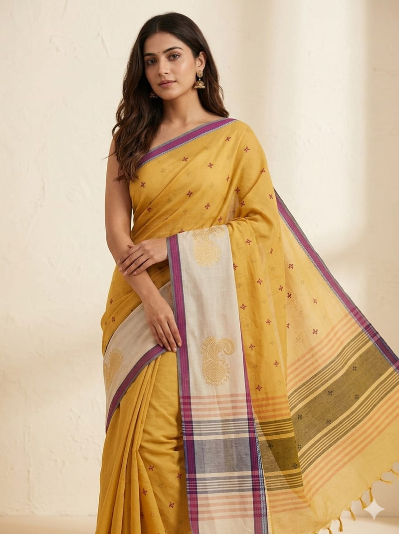 Yellow Handloom Venkatagiri Cotton Saree with Pink Embroidery Motifs - Kleemkaara