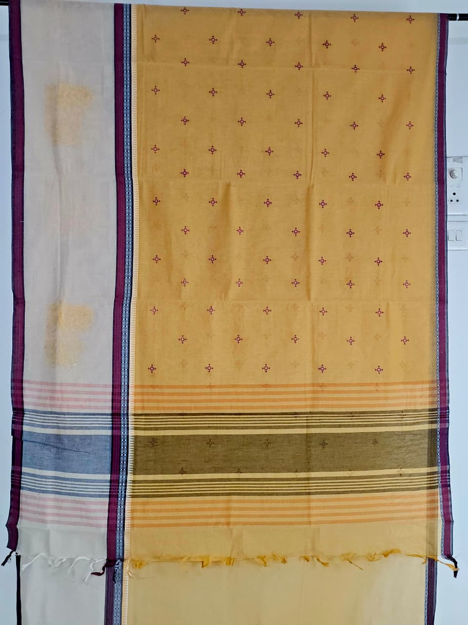 Yellow Handloom Venkatagiri Cotton Saree with Pink Embroidery Motifs - Kleemkaara