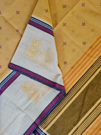 Yellow Handloom Venkatagiri Cotton Saree with Pink Embroidery Motifs - Kleemkaara