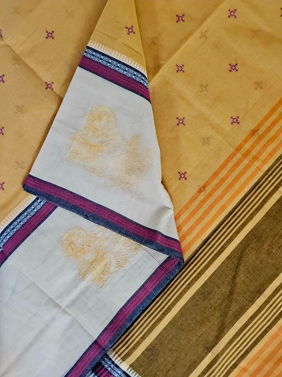 Yellow Handloom Venkatagiri Cotton Saree with Pink Embroidery Motifs - Kleemkaara