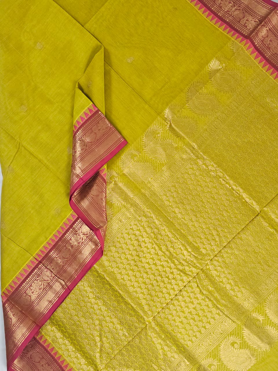 Yellow Handloom Venkatagiri Cotton Saree with Pink Zari Border - Kleemkaara