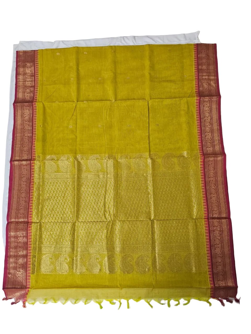 Yellow Handloom Venkatagiri Cotton Saree with Pink Zari Border - Kleemkaara