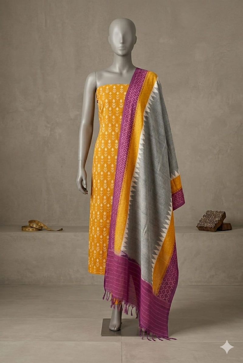 Yellow Pochampally Handloom Ikat Mercerised Cotton Dress Material with Dupatta - Kleemkaara