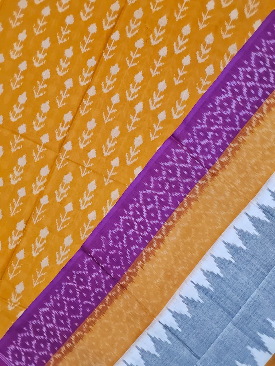 Yellow Pochampally Handloom Ikat Mercerised Cotton Dress Material with Dupatta - Kleemkaara