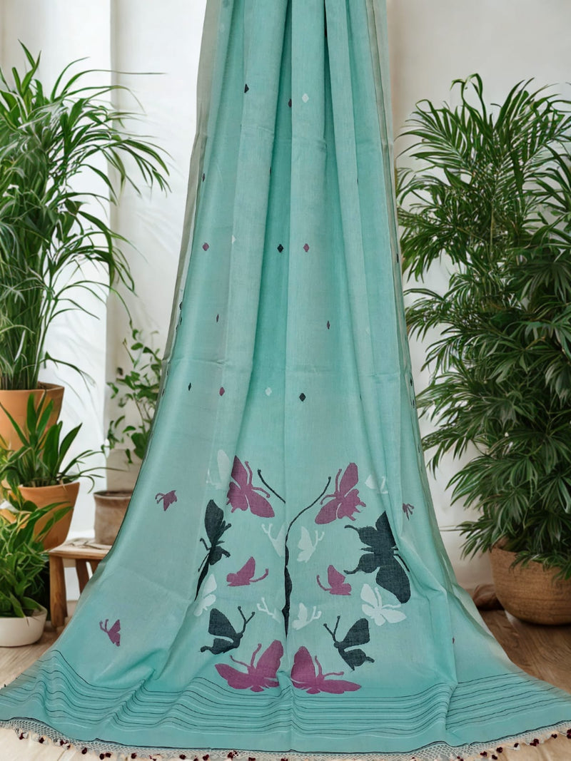 Yoshita – Sea Green Jamdani Handloom Bengal Cotton Saree with Butterfly Motifs - Kleemkaara