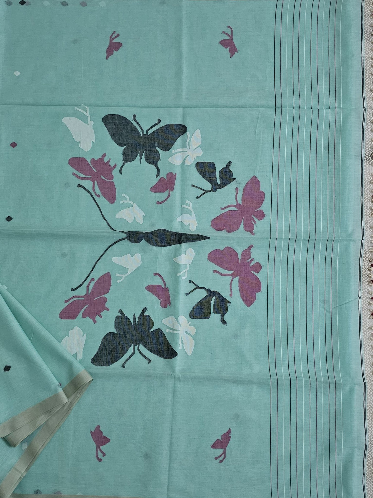 Yoshita – Sea Green Jamdani Handloom Bengal Cotton Saree with Butterfly Motifs - Kleemkaara